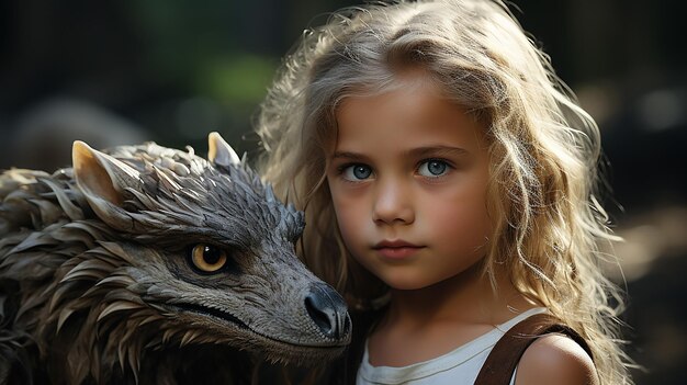 Foto 3D de una niña con un dragón.