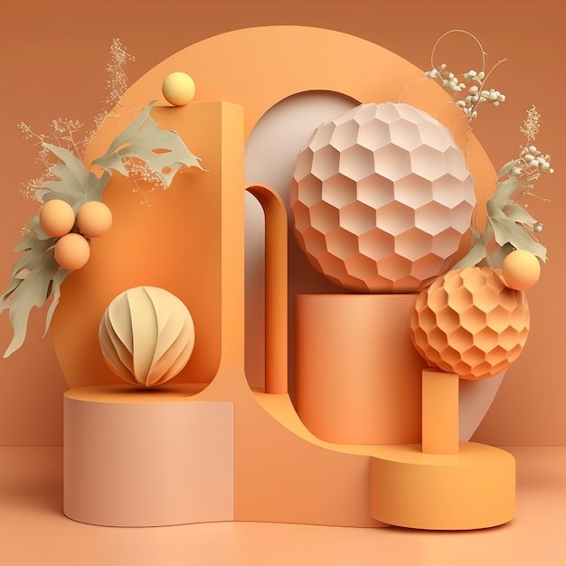 Foto 3d pastel naranja podio pantalla naturaleza soporte de madera fondo para productos AI generativa