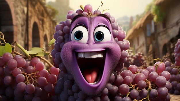 una foto en 3D de un personaje de las uvas de dibujos animados