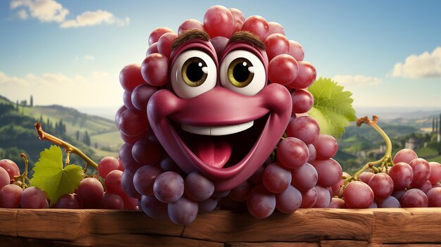 una foto en 3D del personaje de las uvas de dibujos animados