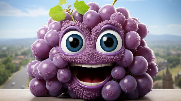 una foto en 3D del personaje de las uvas de dibujos animados