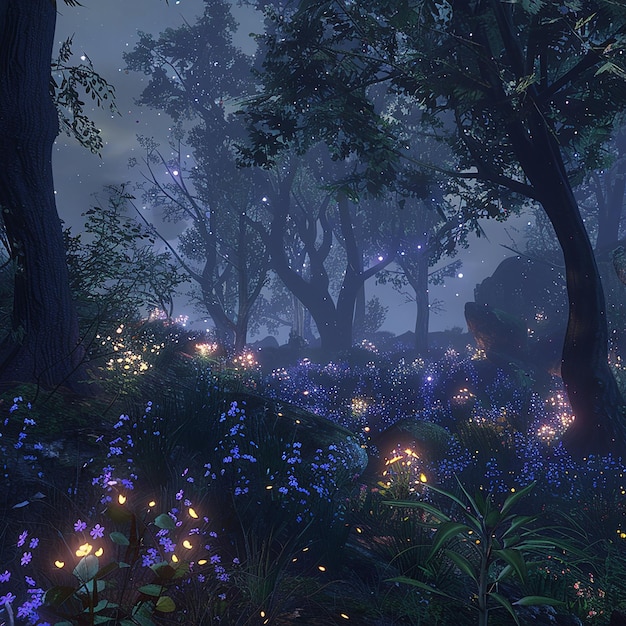 Foto 3D de una pintura de un bosque con un estanque y un sol brillando a través de los árboles