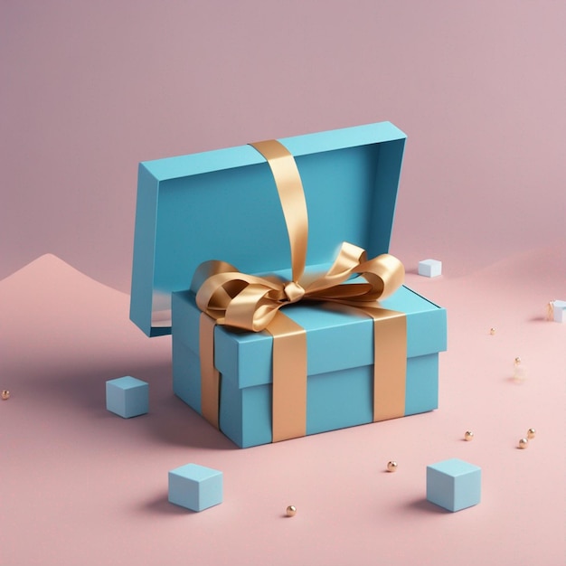 Foto 3D-Rendering einer offenen blauen Geschenkkiste mit isolierten Bändern auf pastellfarbenem Hintergrund