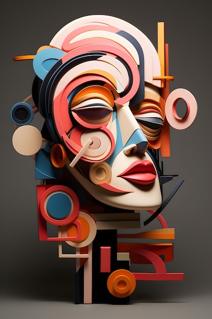 Foto 3D retrato abstracto de rostro humano en estilo cubismo sobre fondo colorido generativo ai