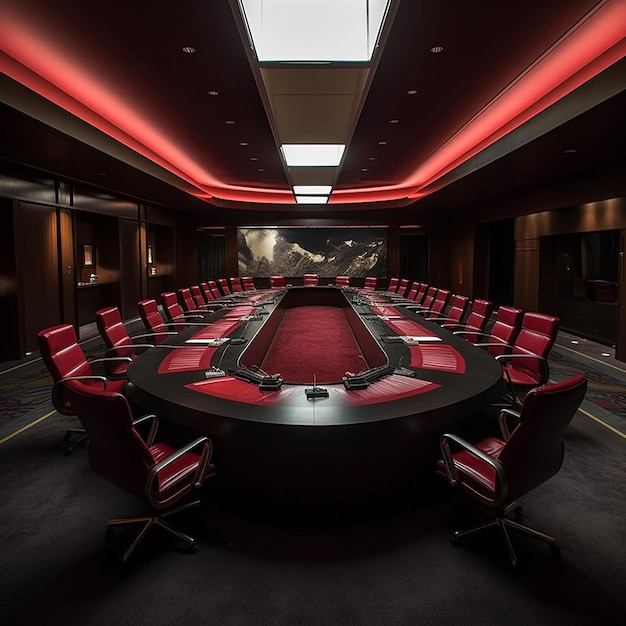 Foto en 3D de una sala de conferencias moderna con mesa y sillas hechas con IA generativa