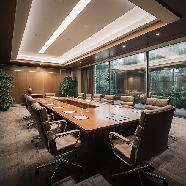 Foto en 3D de una sala de conferencias moderna con mesa y sillas hechas con IA generativa