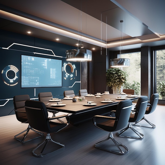 Foto en 3D de una sala de conferencias moderna con mesa y sillas hechas con IA generativa