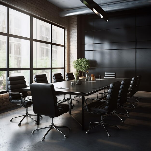 Foto en 3D de una sala de conferencias moderna con mesa y sillas hechas con IA generativa