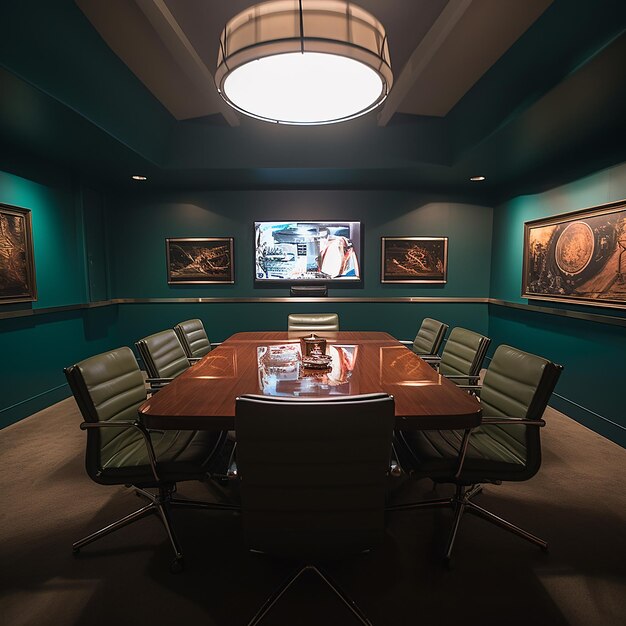 Foto en 3D de una sala de conferencias moderna con mesa y sillas hechas con IA generativa