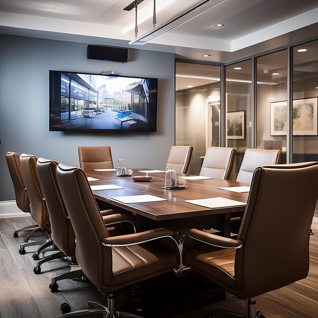 Foto en 3D de una sala de conferencias moderna con mesa y sillas hechas con IA generativa