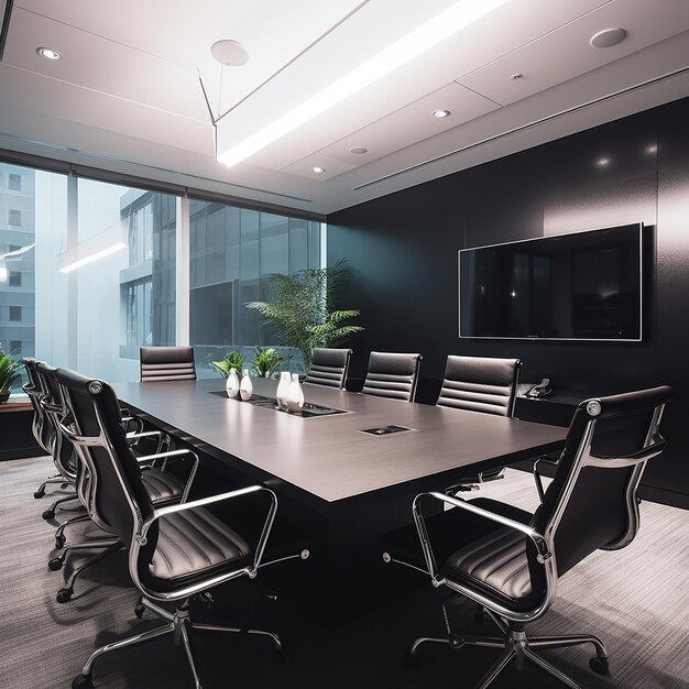 Foto en 3D de una sala de conferencias moderna con mesa y sillas hechas con IA generativa