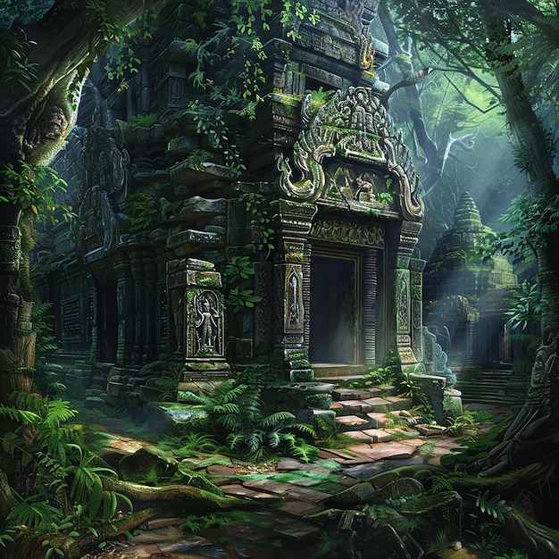 Foto en 3D de un templo con un árbol en el fondo