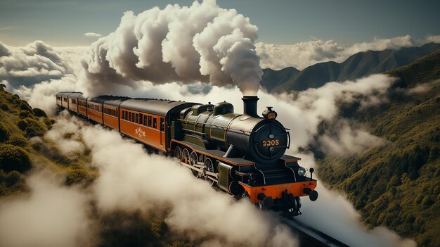 Foto 3D de un tren viajando en una nube