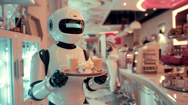 Foto a cores Conheça o seu garçom futurista um robô com uma bandeja de refrescos