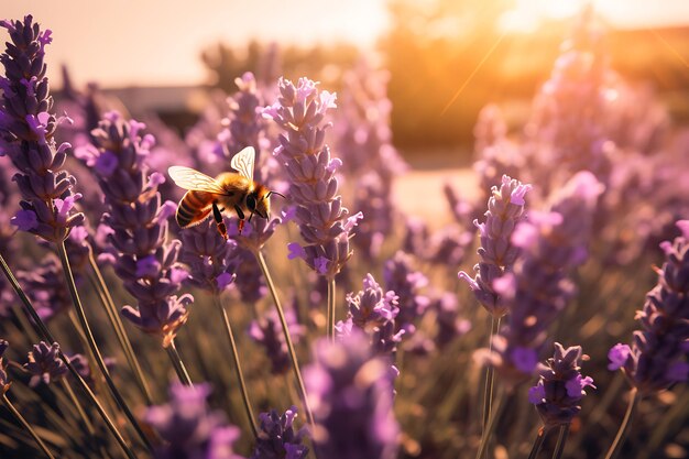 Foto de una abeja acercándose a un racimo de flores de lavanda