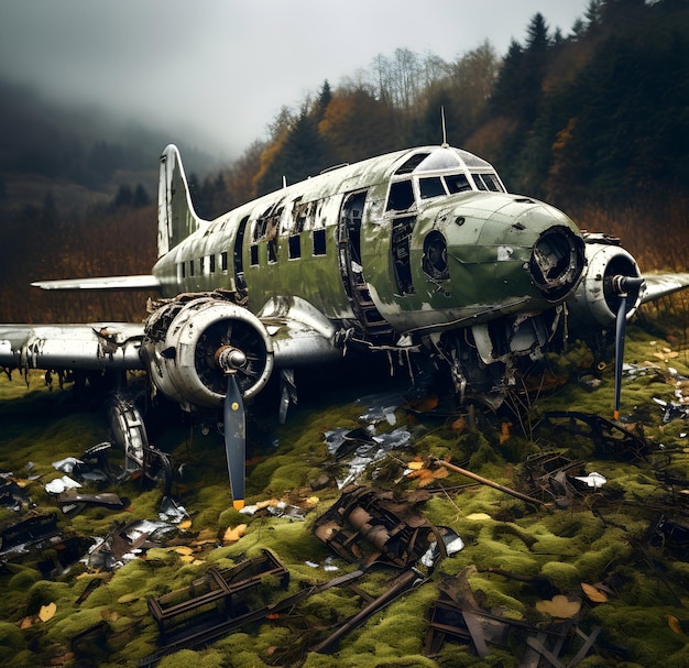 Foto abgestürztes Flugzeug inmitten von Wäldern, verlassenes Flugzeug, digital gezeichnete generative KI