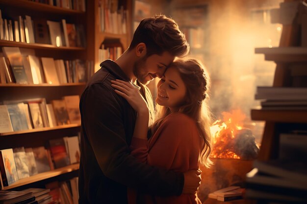 Foto foto de abrazos en la librería los amantes de los libros abrazando una estantería de libros i concepto idea escena creativa