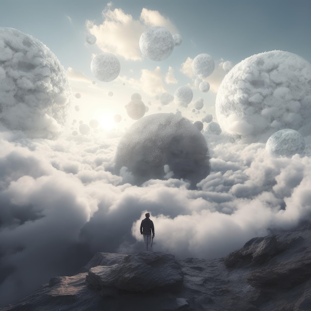 Foto abstracta de un hombre de pie rodeado de nubes ai generativo
