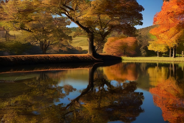 Foto abstracto árbol de otoño soltero de pie en la hierba larga en una orilla del río estrecho extremo renderizado en 3D