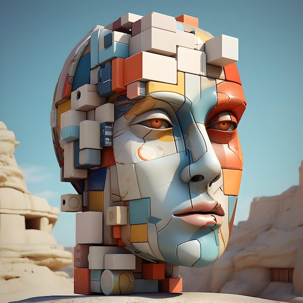 Foto abstraktes menschliches Gesichtsporträt im Kubismus-Stil auf farbenfrohem Hintergrund, generative KI