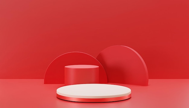 Foto abstraktes, minimal leeres Podium mit leuchtenden Farben bis hin zu roten Präsentationsprodukten auf einer erhöhten Fläche