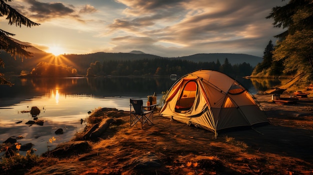 Foto acampando en el bosque junto al río con vista al atardecer