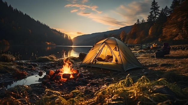 Foto acampando en el bosque junto al río con vista al atardecer