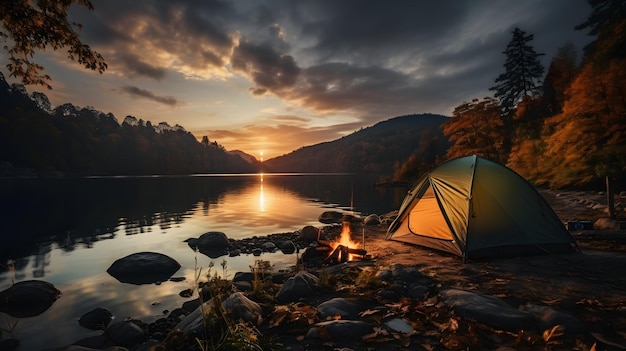 Foto acampando na floresta à beira do rio