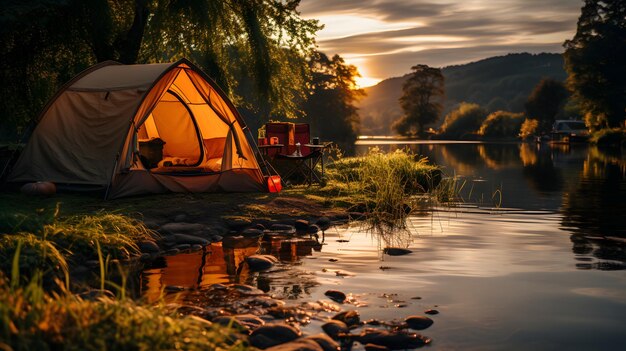 Foto acampando na floresta ao lado do rio com vista para o pôr do sol