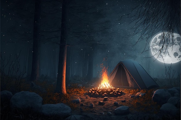 Foto de acampar en un bosque oscuro, fogata, noche, bosque, luz de la luna, noche junto al fuego.