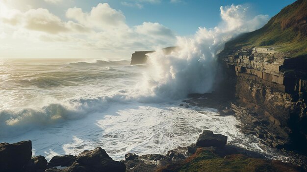 Una foto de un acantilado costero con olas estrelladas