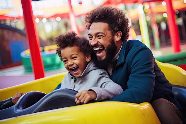 Foto de acción de un padre e hijo disfrutando de una divertida aventura en un parque temático.