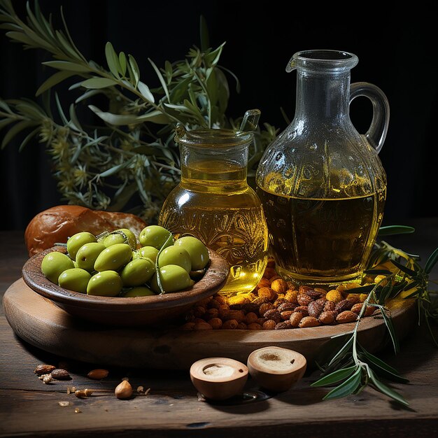 Foto de aceite de oliva con aceitunas frescas en un primer plano de madera rústica