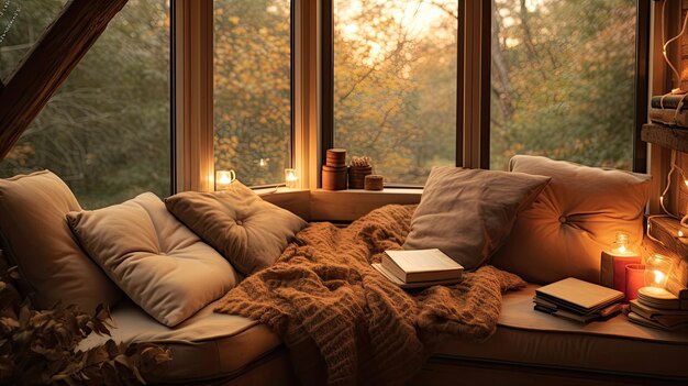 Una foto de un acogedor rincón de lectura lleno de almohadas