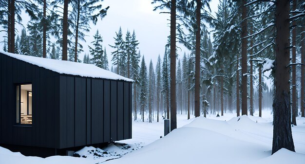 Foto de una acogedora cabaña enclavada en un bosque invernal maravilloso