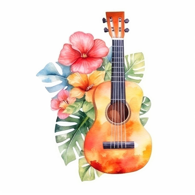 Foto acuarela de un ukelele con flores tropicales.