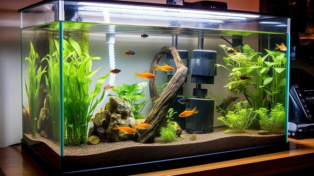 Una foto de un acuario de peces decorado con plantas artificiales.