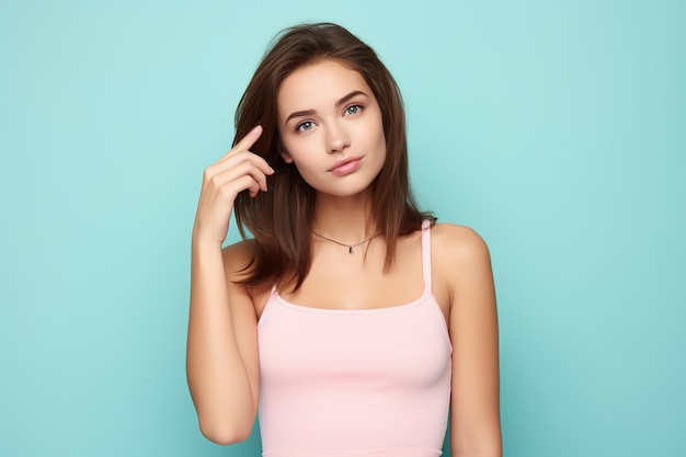 Foto de admirar a una joven bonita chica cabello castaño vestir rosa crop top tocar dedo barbilla sueños parecen novedad aislado sobre fondo de color cian