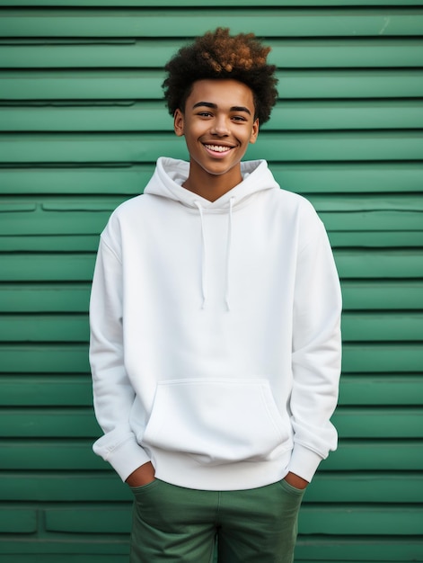 Foto de un adolescente afroamericano con una camiseta blanca con capucha y una maqueta de ropa de un joven con sudadera