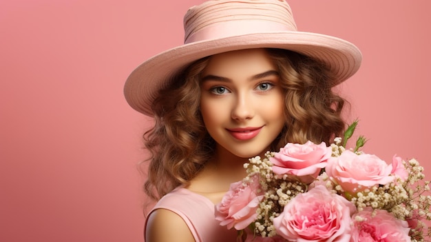 Foto de una adolescente de aspecto feliz y mujer con cabello largo y moreno generada por IA