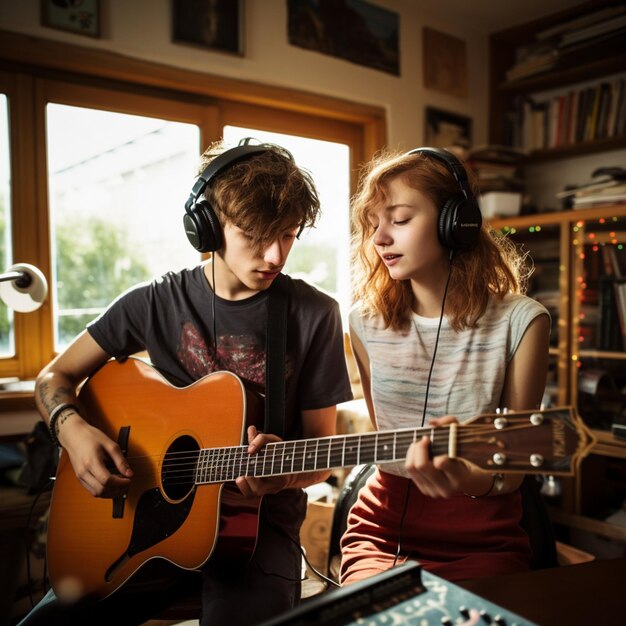 Foto adolescente y niña grabando música