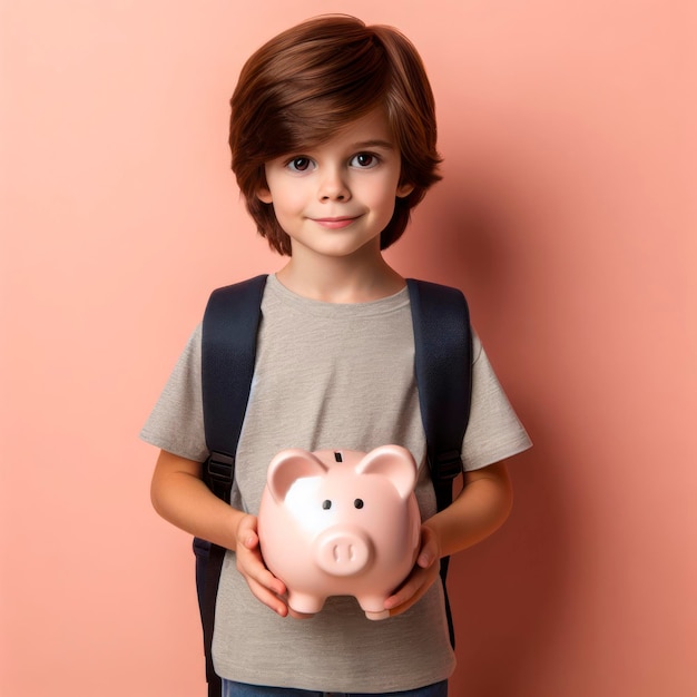 Foto de un adorable escolar con el cabello liso vestido con camiseta sostenga la caja de cerdo mire el espacio vacío ai generativo