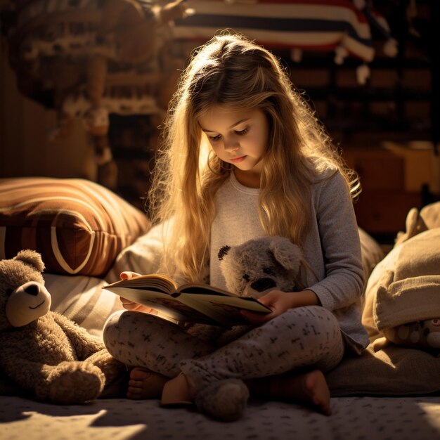 foto adorable niña sentada en la alfombra y la lectura de un libro para su relleno