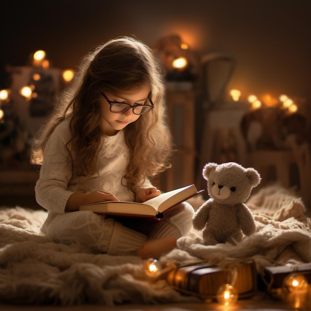 foto adorable niña sentada en la alfombra y la lectura de un libro para su relleno