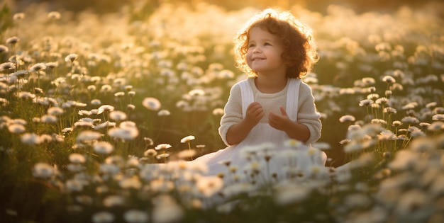 Foto adorável de uma criança pequena sentada na grama