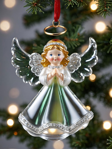 Foto de un adorno navideño de ángel de cristal con un halo