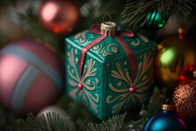 Foto de un adorno verde para un árbol de Navidad levantado y personal junto a un arcoíris de regalos