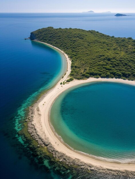 Foto foto aérea de un avión no tripulado de la icónica playa de arena semicircular de voidokoilia en mesinia