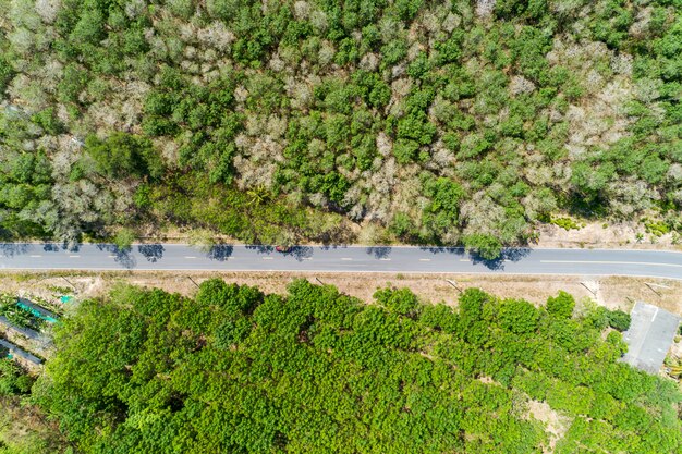 Foto aérea del avión no tripulado de vuelo de la carretera de asfalto.