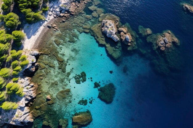 Foto aérea da costa paradisíaca e do mar com águas claras